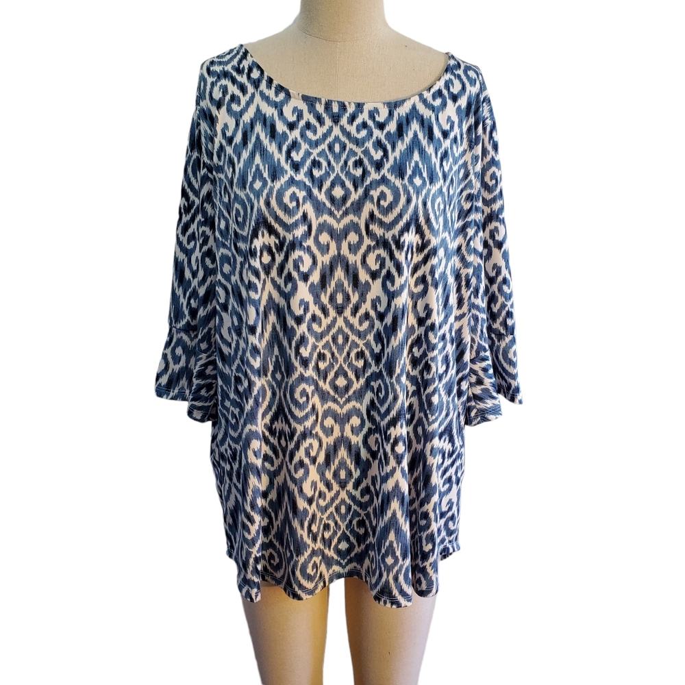 Ellen Weaver Blue & White‎ Ruffle Sleeve Top Size 3X